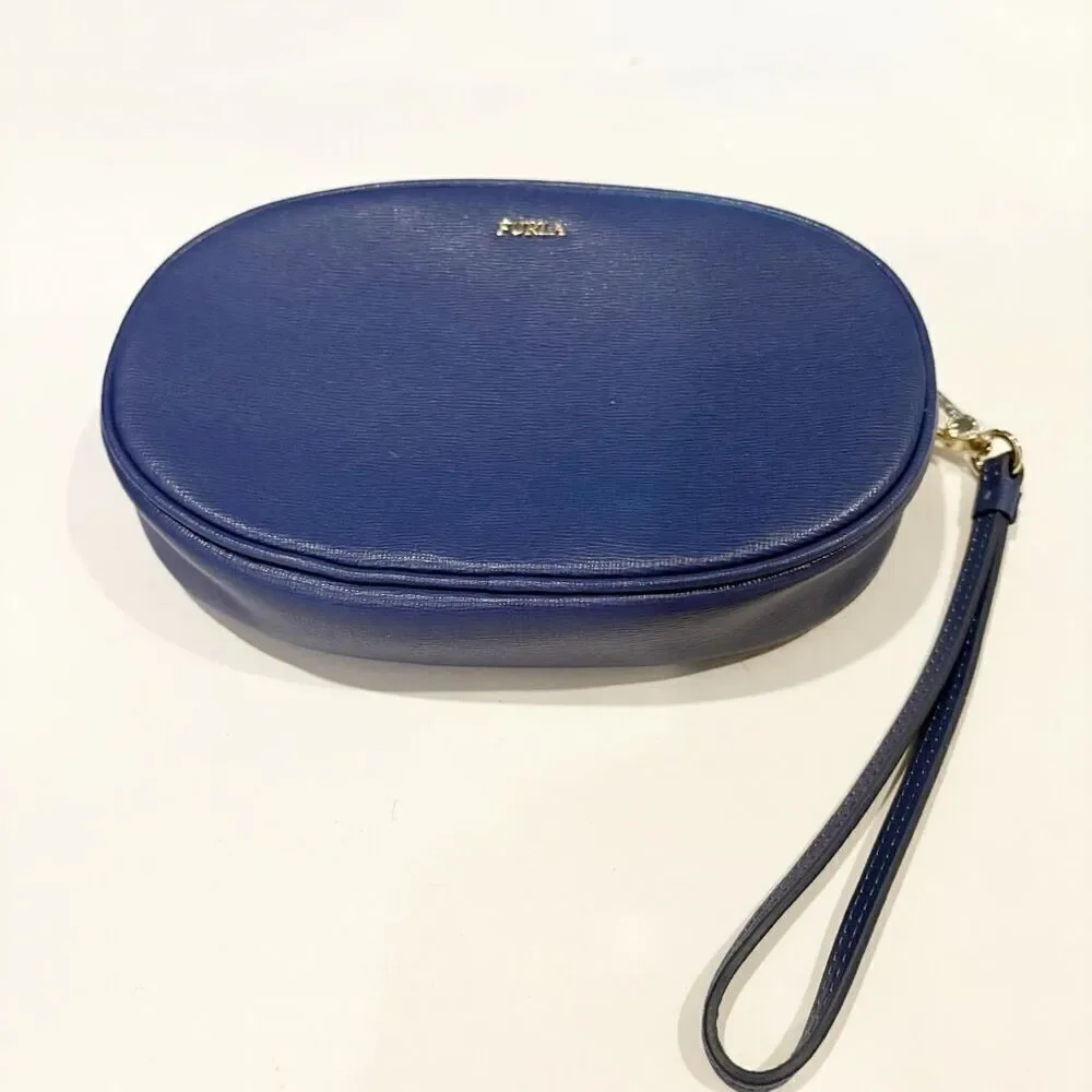 NWT FURLA  Leather Electra Cosmetic Pouch Bag Blue $110.00